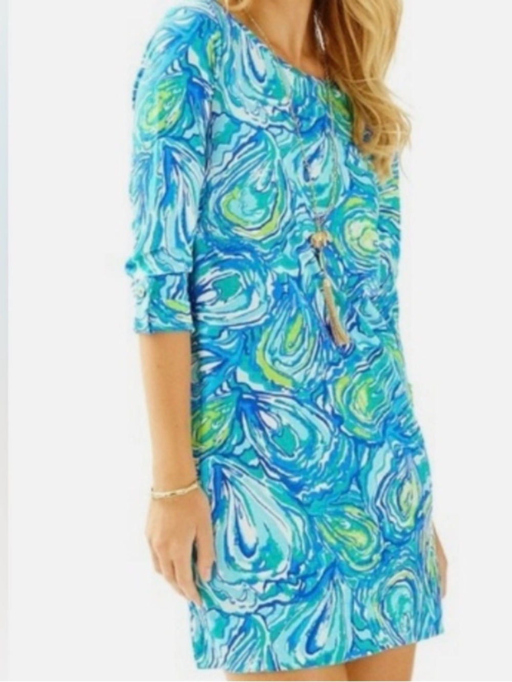 Lilly Pulitzer Linden Dress Oh Shucks Oyster Print Pima Cotton Blue Green XXS - Picture 9 of 9